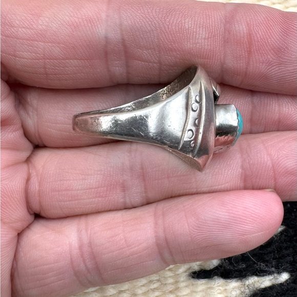 Signed Navajo Native American Sterling Silver Blue Turquoise Mens Ring 11.25 - Picture 3 of 4